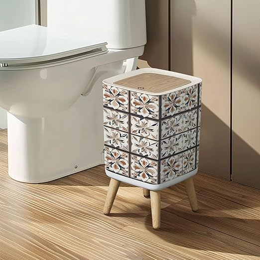 Small Trash Can with Lid Seamless Ceramic Tile Colorful Vintage Multicolor Pattern Wastebasket with Press Cover Dog Proof Garbage Can Waste Bin for Kitchen Bathroom Nursery 2.6 Gallon