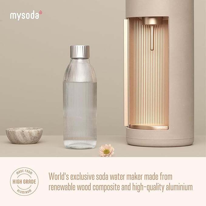 Mysoda Glassy Sparkling Water Maker + 1L Glass and Plastic Bottle - Silent Carbonated Water Machine Soda Maker with Sliding Door Opening - No Cylinder Included - Latte