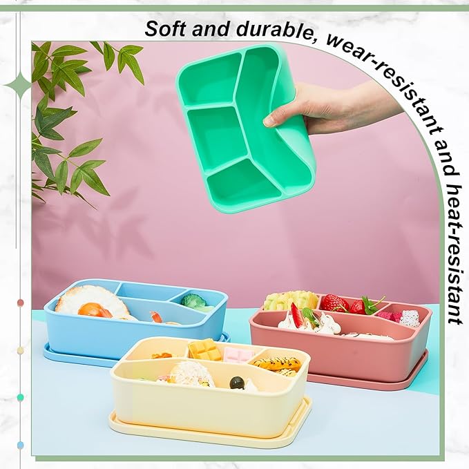 Ziliny 4 Pcs Silicone Bento Box Reusable Lunch Container Smooth Leak Proof Lunch Box Rectangle Bento Boxes for Adult Work Travel Food Meal Compartment Storage, 4 Colors (Bright Colors)