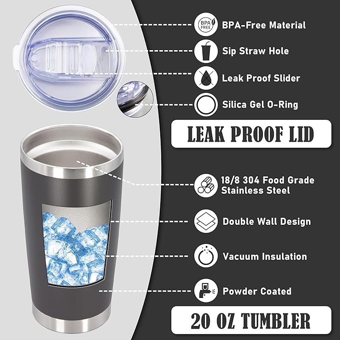 20 oz Tumbler Coffee Travel Tumblers Bulk with Lid Stainless Steel Double Wall Vacuum Insulated Mug Powder Coated Cups fit Car Cupholder for Hot and Cold - Grey, 4Pack