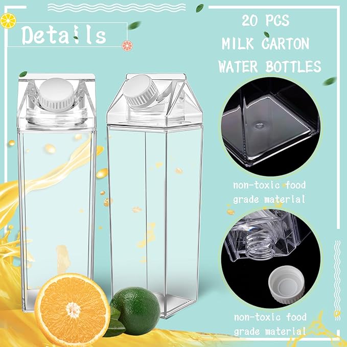 Foaincore 20 Pcs 17 oz Clear Milk Carton Water Bottles Bulk Plastic Square Milk Bottles Portable Reusable Leakproof Cup for Outdoor Fitness Gym Travel Camping Sports(Multi Color)