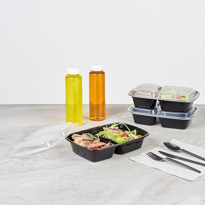 Restaurantware Asporto 32 Ounce Compartment Take Out Boxes 100 Microwavable Meal Prep Containers - 2 Compartments With Clear Plastic Lids Black Plastic Food Containers Do Not Contain BPA