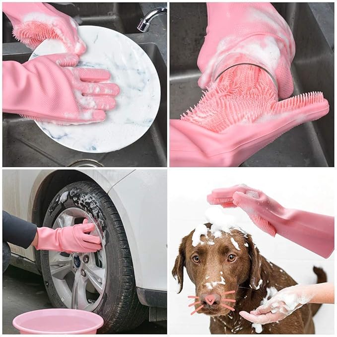 Magic Silicone Dish Washing Gloves for Kitchen, Dishwashing, Pet Grooming, Car and Bathroom Cleaning (Multicolour, Pack of 1)