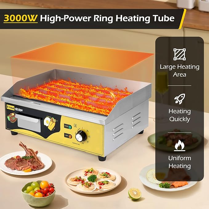 Dyna-Living Commercial Electric Griddle 22'' Stainless Steel Countertop Griddle 3000W 110V Flat top Grill Electric for Home Kitchen, Restaurant, 122℉-572℉ Temperature Adjustable
