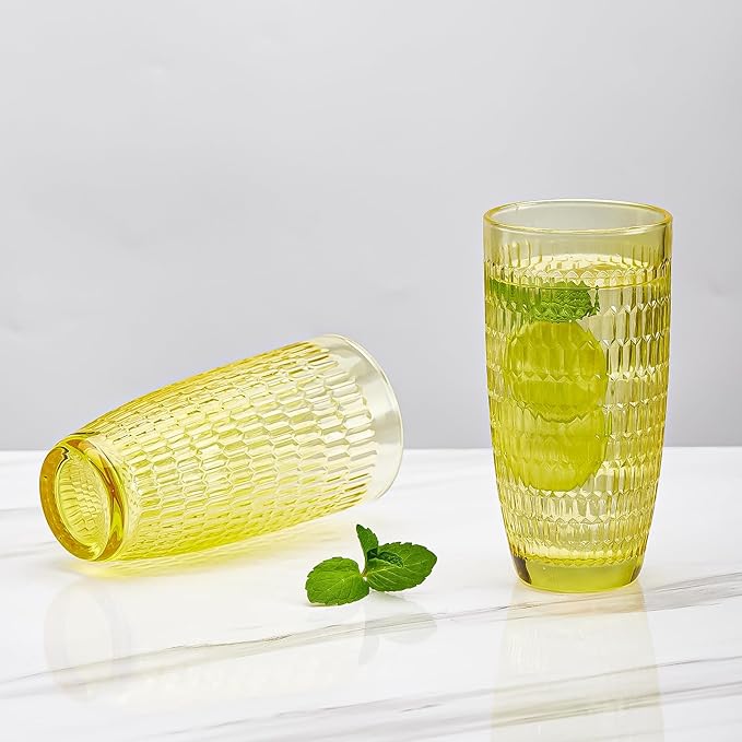 CREATIVELAND Highball Beverage Glasses Set of 6 Romantic Colored Thick & Heavy Base Big Capacity 14.87oz|440ml, Drinking Glass Tumblers for Iced Tea, Water, Soda & Juice and Cocktails (Yellow)