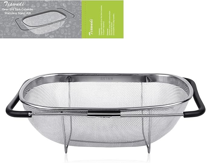 Tiawudi 6-Quart Large Over The Sink Colander, Heavy Duty 40% Thicker 18/8 Stainless Steel Fine Mesh Strainer Basket with Expandable Rubber Grip Handles - Strain, Drain, Rinse Fruits, Vegetables
