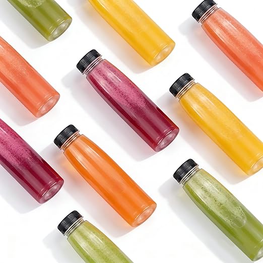 Holotap 30 Pack Empty PET Plastic Juice Bottles 14 OZ Clear Disposable Bulk Drink Bottles with Black Tamper Evident Caps Lids (14 OZ, Black)