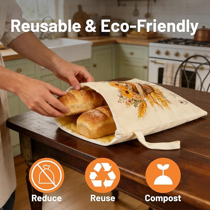 Reusable Bread Bags for Homemade Bread 2 Pack, L-shaped Zipper Beeswax Bread Bag for Easy Access, Exquisite Floral Print, Freezer Safe Breathable Cotton Beeswax Bread Bags for Sourdough