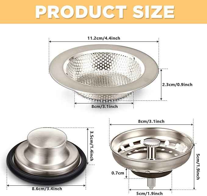 Mudder 3 Pcs Kitchen Sink Drain Strainer and Stopper Stainless Steel Garbage Disposal Plug with Handle Universal Anti-Clogging Kitchen Sink Filter Sieve Basket Strainer(Brushed Silver)