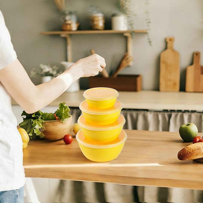 4-Piece Classic Plastic Prep Bowls with Lids, Nesting Plastic Small Mixing Bowl Set for Mixing, Baking, Prepping, Cooking and Serving Food, Microwave and Dishwasher Safe (Yellow)