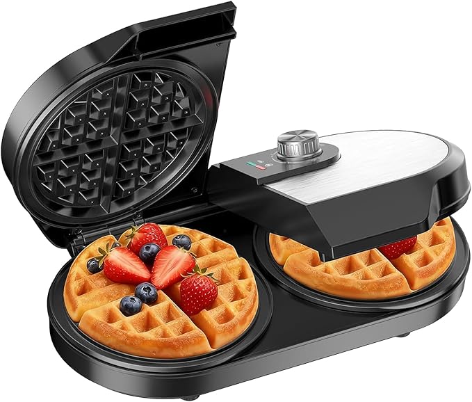 Double Waffle Maker, 6.5" Belgian Waffle Maker with 2 Independent Adjustable Temp Knobs, 1200W Waffle Iron with Nonstick Plates for Breakfast and Snacks, Easy to Clean, Stainless Steel, Black