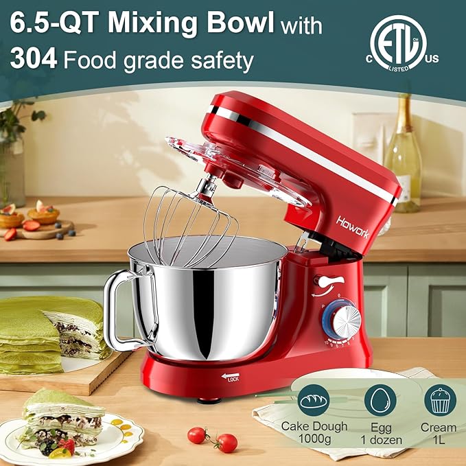 HOWORK Electric Stand Mixer,10+p Speeds With 6.5QT Stainless Steel Bowl,Dough Hook, Wire Whip & Beater,for Most Home Cooks (Red)