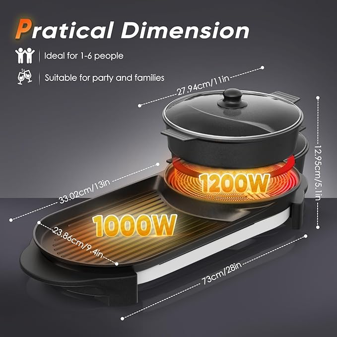 2 in 1 Electric Smokeless Hot Pot with Grill, 2200W Removable Hotpot Pot, Korean BBQ and Shabu Indoor Combo,Non-Stick Skillet Pan, Dual Adjustable Temperature, 1-6 People