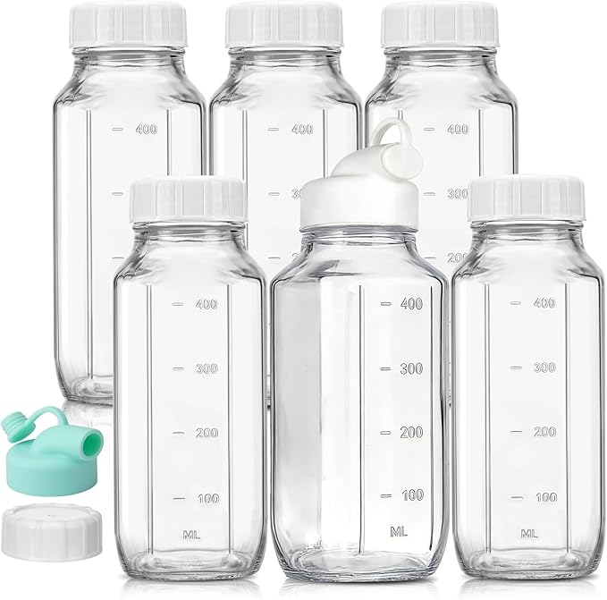 CUCUMI 6 Pack 16 Oz Glass Milk Bottles with Lids, Glass Juice Bottles with Scale & Silicone Pour Spout, Reusable Juice Containers Square Drinking Jars for Milk, Coffee, Smoothies, Water