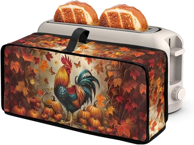 Thanksgiving Day Toaster Cover 2 Slice Rooster Pumpkin Toaster Cover with Top Handle Small Appliance Protector Lightweight Dust Protection Bread Machine Protector