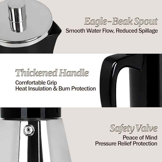 12 Cup Thickened Moka Pot 304 Stainless Steel 600ml Italian Espresso Coffee Maker Stovetop CoffeeMakers Mocha Pot Percolator for Induction Stove Classic Cafe Makers Portable for Easy Brewing