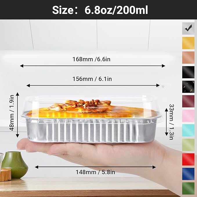 EUSOAR Mini Loaf Pans with Lids, 100pcs 6.8oz 6.5"x2.5"x1.2" Silver Disposable Ramekins Foil Dessert Baking Cups Pan Tin, Cupcake Containers Cheesecake Creme Brulee for Party Wedding