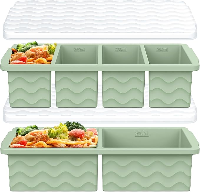 Silicone Freezer Molds for Soup with Lid, 1-Cup & 2-Cup Large Ice Cube Trays Food Storage Containers for Meal Prep, Freeze 500mL/250mL/125mL Portions – 2 Pack