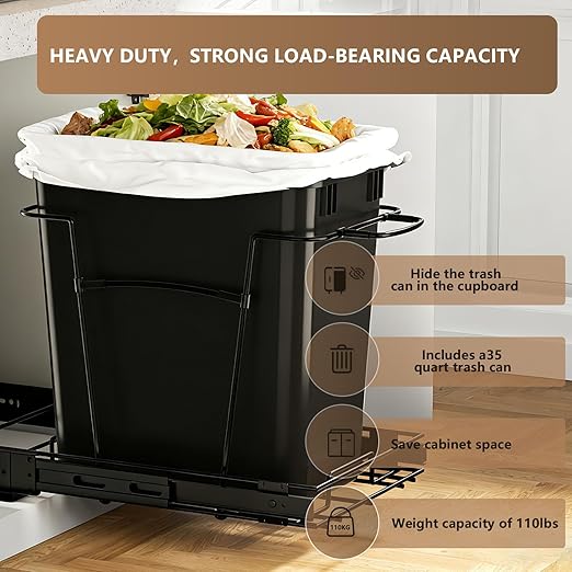 Pull Out Trash Can for Kitchen Cabinets, 35 Qt / 8.75 Gal Under Sink Garbage Bin with Full Extension Slides, Heavy-Duty Steel Frame Requires Minimum 13" W x 22" D Cabinet Opening, Black