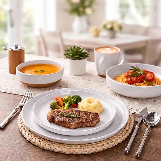 AmorArc Ceramic Dinnerware Sets with Pasta Bowls for 4, Handpainted Plates and Bowls Set with Rustic Terracotta Underside, Scratch Resistant Dishes Set, Dishwasher & Microwave Safe, 16 Pcs