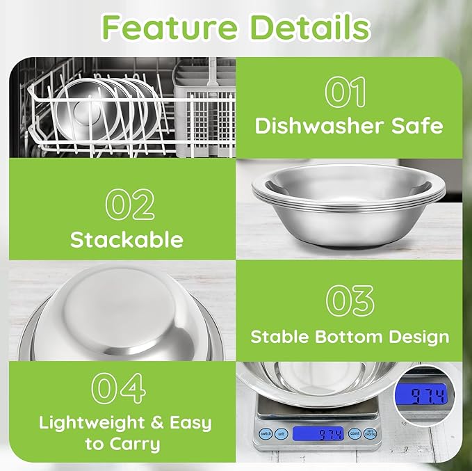 304(18/8) Stainless Steel Mixing Bowls for Kitchen, 8 Pack 7" 21.22 fl.oz Metal Mixing Bowls Set Stackable for Baking Serving Cooking Food Prep Storage Dishwasher Safe Lightweight