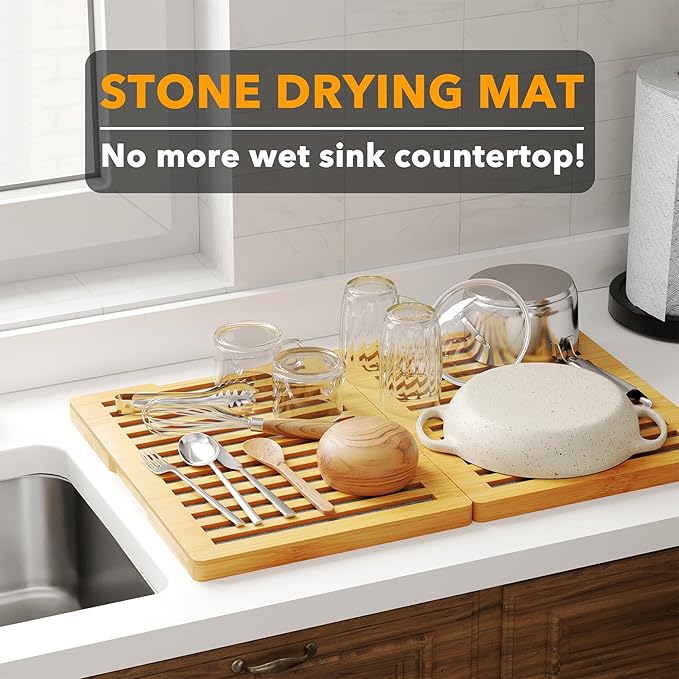 SpaceAid Foldable Stone Drying Mat for Kitchen Counter, Bamboo Rack Dish Pad, Instant Dry Diatomaceous Earth Mat Dishes, Stone Dish Fast Drying Mat Board (23.6 x 15.8 inch, Gray)