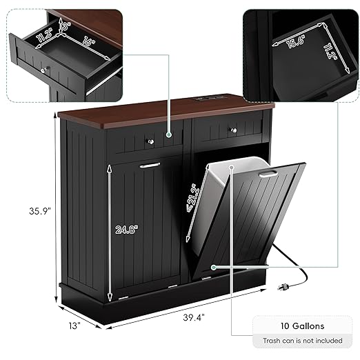 Betterhood Double Tilt Out Trash Cabinet with Power Outlet, 10 Gallon Trash Cabinet with Storage,Pet Proof Trash Can with 2 AC & USB Sockets for Kitchen,Living Room (Black, Double Door)