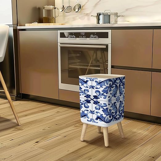 Small Trash Can with Lid Sicilian ceramic style tile featuring blue decorative flourishes Wastebasket with Press Cover Dog Proof Garbage Can Waste Bin for Kitchen Bathroom Nursery 2.6 Gallon