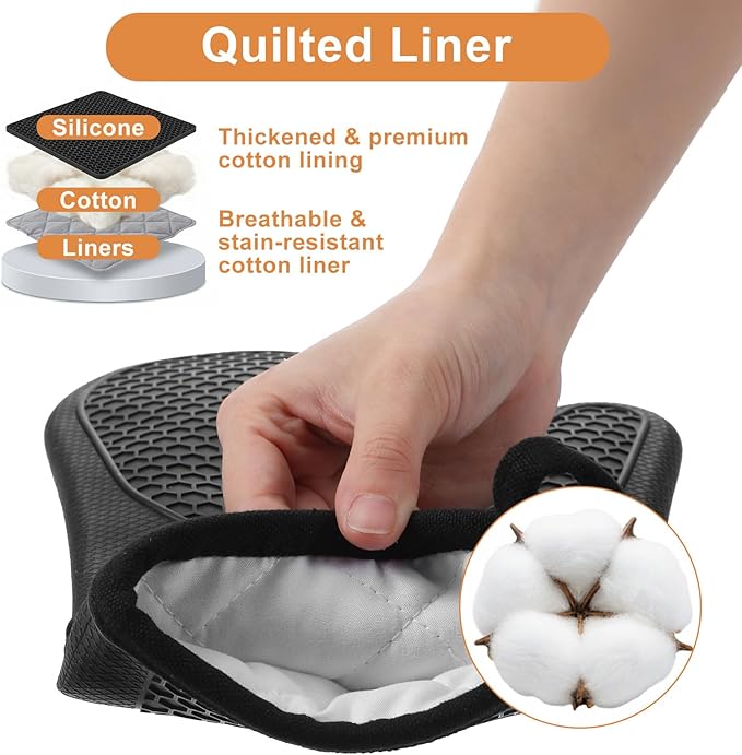 6 Pcs Oven Mitts and Pot Holders Sets for Kitchen, Extra Long Silicone Oven Gloves High Heat Resistant 500 Degrees Non-Slip Potholders Hot Pads for Baking Cooking (Black)