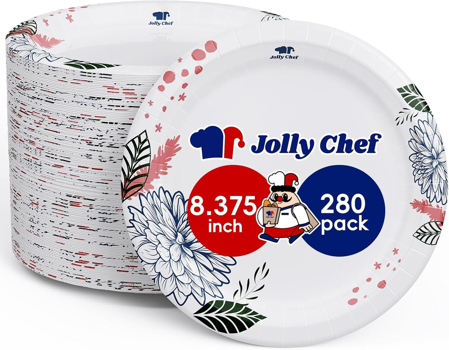 JOLLY CHEF 280 Count Paper Plates 8 inch Soak Proof, Cut Proof, Heavy Duty Flower Printed Disposable Paper Plates for Everyday Use, Thanksgiving, Christmas Day