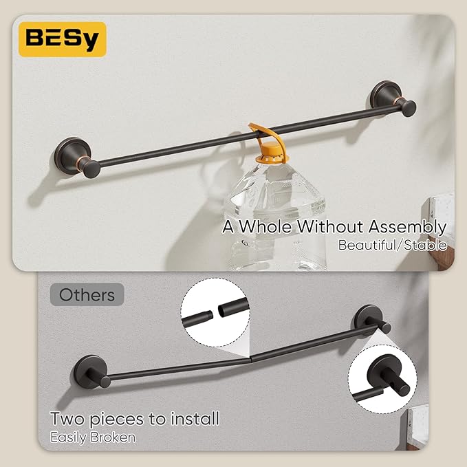 BESy Adjustable Bronze 16 to 26 Inch Bath Towel Bar Rack for Bathroom Towel Holder, Wall Mounted Towel Bar Rod Hanger Bathroom Hardware Accessories Hotel Style, Stainless Steel, Oil Rubbed Bronze