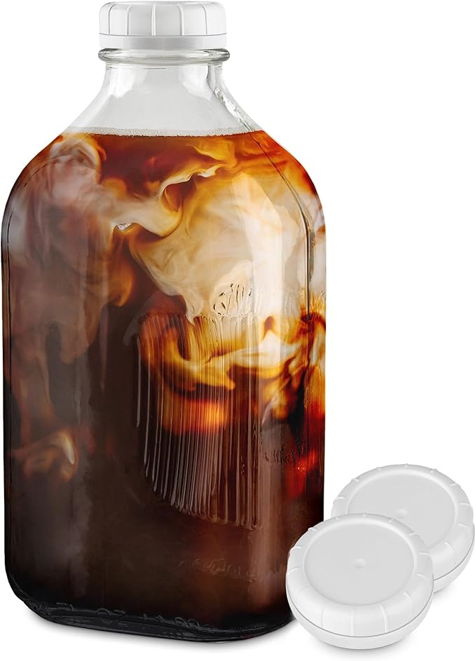 Stock Your Home Half Gallon Glass Bottle with Lid (1 Pack) 64 Oz Jugs and 3 White Caps, Reusable Food Grade Container for Refrigerator, Bottles for Juice, Oat or Plant Milks, Water, Honey