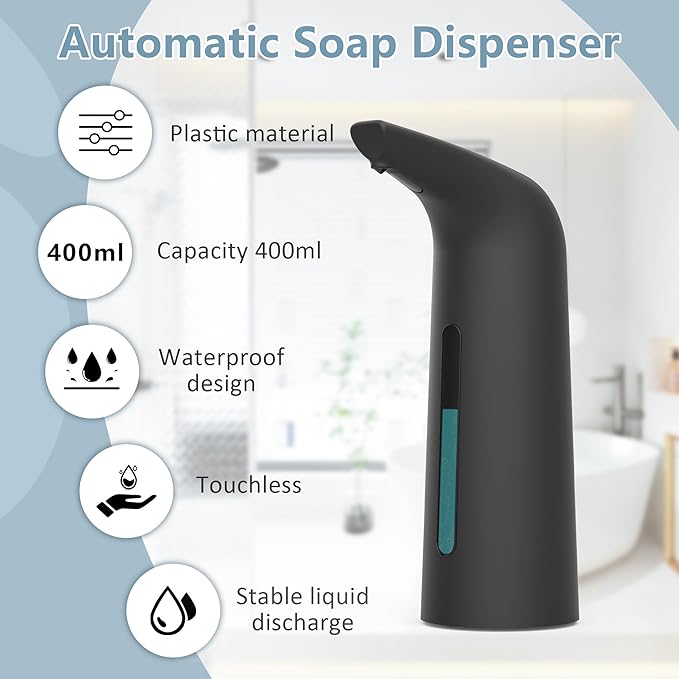 Automatic Soap Dispenser Touchless,400ML Hand & Dish Countertop Electric Liquid Rechargeable Dispenser with Sensor,Modern 4 Gear Adjustable Waterproof Kitchen Auto Soap Pump（Black）