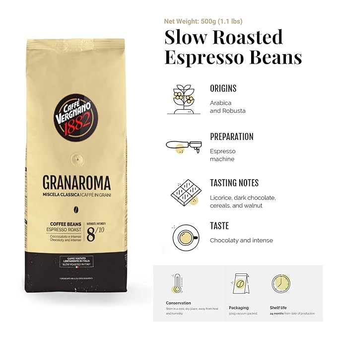Caffe Vergnano Whole Bean Coffee Gran Aroma 1.1 lb Bag - Medium Roast Espresso Beans Whole, Italian Coffee Beans, Cocoa Spice Dried Fruit Notes - For Moka Pot, French Press, Coffee Maker