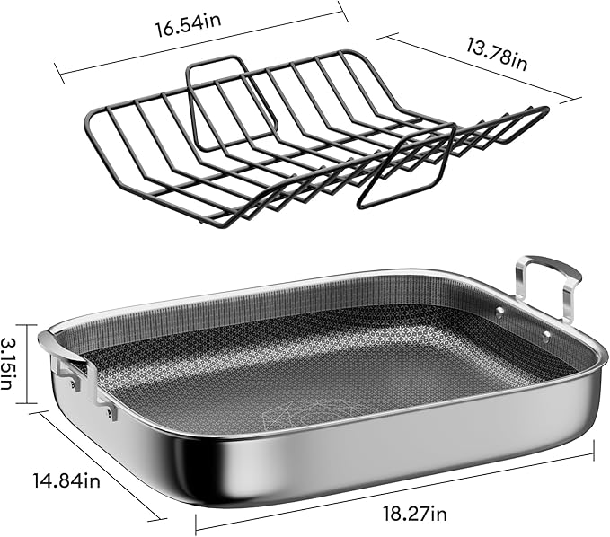 COOKER KING Stainless Steel Nonstick Roasting Pan with Rack, 18.27x14.84 Inch Roaster Pan for 25 lb Turkey & Chicken, Oven Safe Up to 900°F, Compatible with All Cooktops (Rectangular, Large)