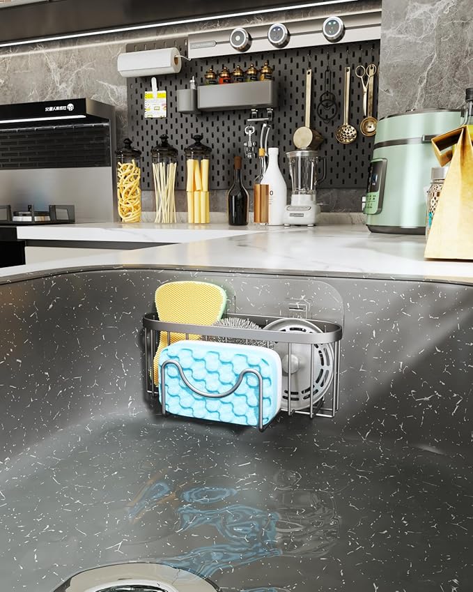 HapiRm Kitchen Sponge Holder for Sink - 2 Installation Methods Kitchen Sink Caddy Organizer with Unique M-Shaped, Rustproof Stainless Steel Sponge Caddy - Brushed Nickel (Large)