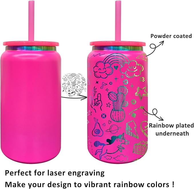 4 Pack Glass Cups with Lids and Straws, 16 oz Stainless Steel Cups, Insulated Skinny Tumbler, Powder Coated Travel Tumblers for Laser Engrave, Iced Coffee Cup for Smoothie Water DIY Gift(Rosy,4 pack)