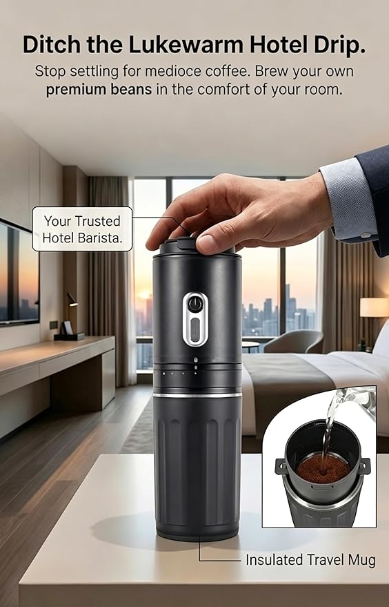 Portable Coffee Maker, Travel Coffee Maker, Portable Battery Pour Over Set, Rechargeable Coffee Maker with Electric Grinder & Insulated Mug for Travel, Camping, Car