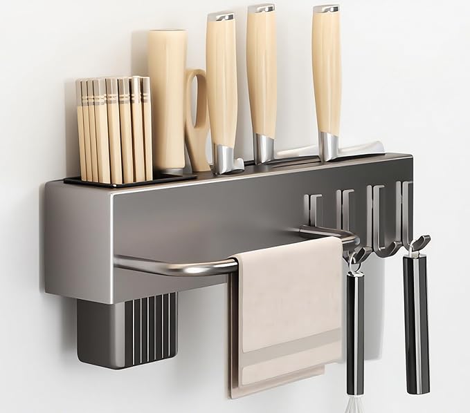 SEIDO Carbon Steel Utensil Rack – Space-Saving 12" L Kitchen Organizer with hooks & hanging bar, Gunmetal Gray Knife Holder, 2 Installation Options (Adhesive/Screwed)