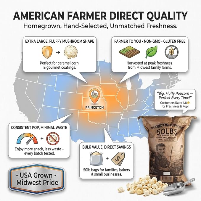 Princeton Popcorn Mushroom Popcorn Kernels Extra Large - Easy-Eating, Farmer Direct Non-GMO Gluten Free Bulk Popping Corn, Popcorn Kernels for Oil Pop or Hot Air Popper or Stovetop Bulk 50lb Bag
