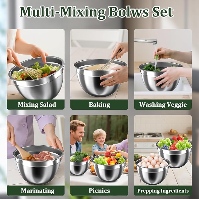 Mixing Bowls with Lids Set, 16PCS Stainless Steel Mixing Bowls,Nesting Storage Bowls for Kitchen with Mixing Bowls Set, Colander, Strainer & Grater , Metal Salad Bowl for Kitchen Gadgets , Cream