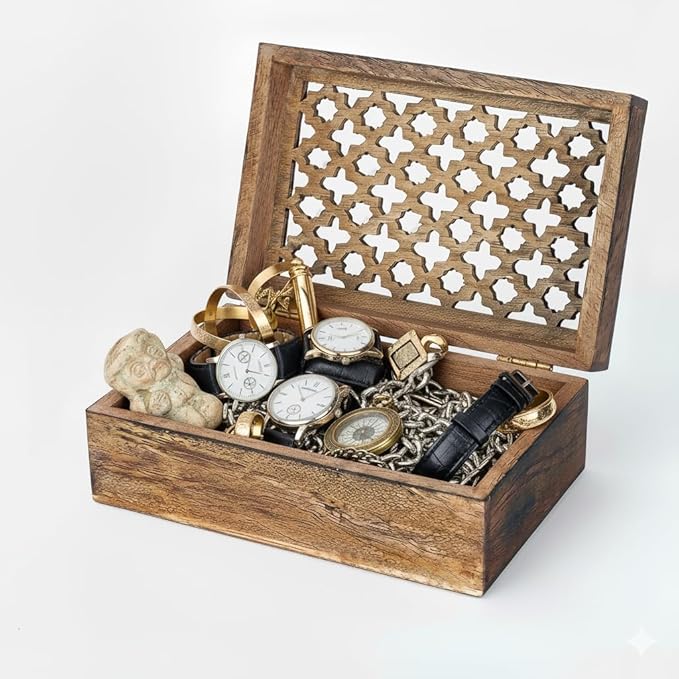 Mela Artisans 9” x 6” x 3.5” Mango Wood Box with Lid – Trellis Medium Burnt – Handcrafted Keepsake Box – Large Storage for Jewelry & Home Décor Accents