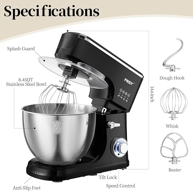 1500W 8.45QT Stand Mixer, 6-Speed Electric Dough Mixer with Whisk, Dough Hook & Beater, Large Capacity Kitchen Mixer for Baking Bread, Cakes, Salad and Cookies (Black)
