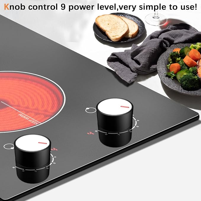 Karinear 110V Electric Cooktop 2 Burners Electric Stove 12 Inch Knob Control Countertop & Built-in Ceramic Cooktop, 9 Heating Level, Hot Warning, Over-Temperature Protection(White Knob)