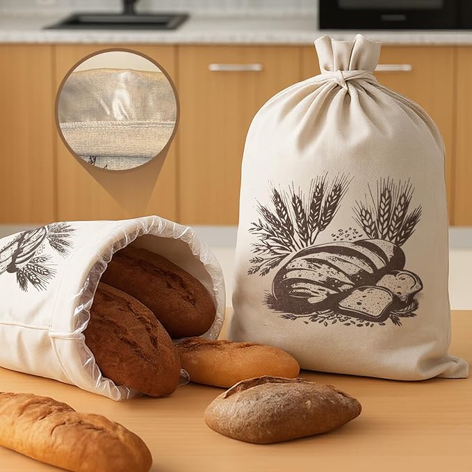 Reusable Bread Bags with TPU Liner -Linen Bread Bag for Sourdough & Homemade Cloth Bread Bags Keeps Fresh Longer 2 Pack