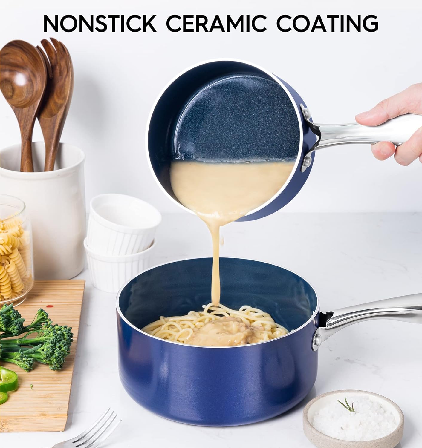 MICHELANGELO Saucepan Set, 1Qt & 2Qt Ceramic Sauce Pan with Lid, Nonstick Saucepans with Lids, Small Pot with Stainless Steel Handle, Oven Safe, Blue