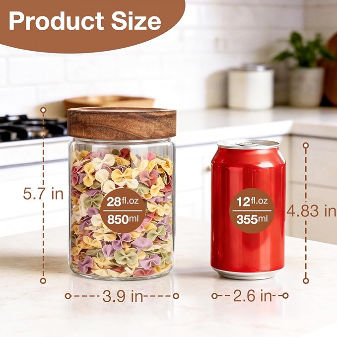 CONNOO 28oz Glass Storage Jars with Wood Lids (6-Pack) – Includes 120 Pre-Printed Waterproof White Kitchen Labels – Airtight Pantry Containers for Rolled Oats, Pasta & Cereals