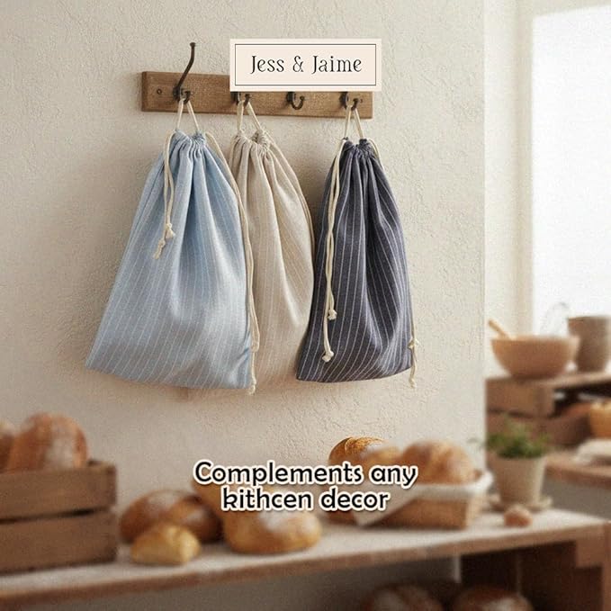 Reusable Bread Bags with Drawstring | XL Pack of 3 | Eco-Friendly Washable Linen Bread Bag & Spacious Sourdough Bread Storage | Bread Bags Reusable Keeps Your Loaf Fresh | Strips Design
