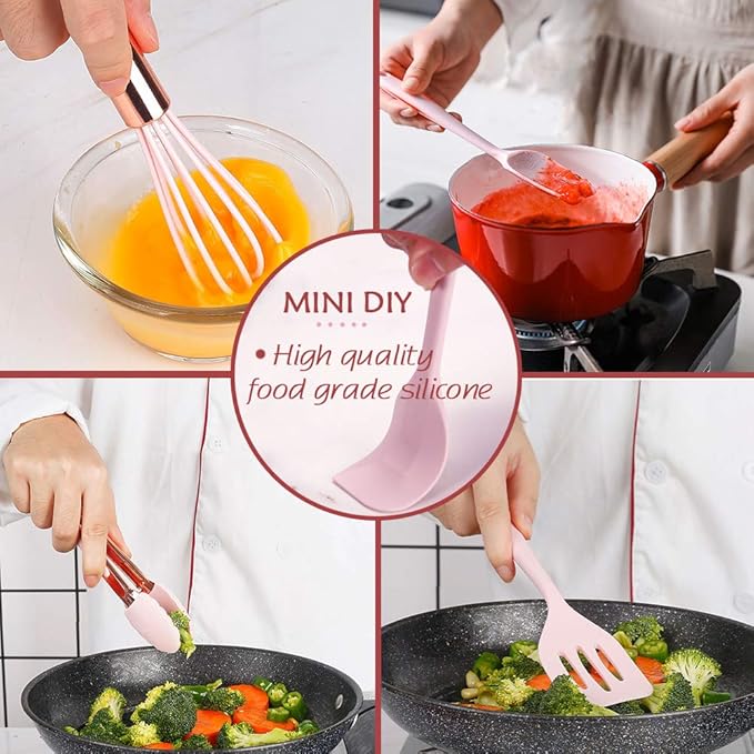 Collfa Rose Gold And Pink Kitchen Utensil Small Five-Piece Set Mini Silicone Kids Kitchen Tools Whisk Spatula Tongs Spoon And Slotted Spatula(Kids Baking Supplies)