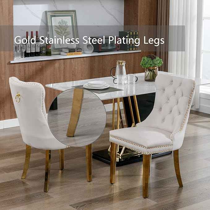 Beige Velvet Dining Room Chairs Set of 2, Upholstered Dining Chairs with Back Ring Pull Trim and Golden Stainless Steel Legs,Modern Kitchen Chairs for Dining Room,Living Room,Kitchen(Beige)
